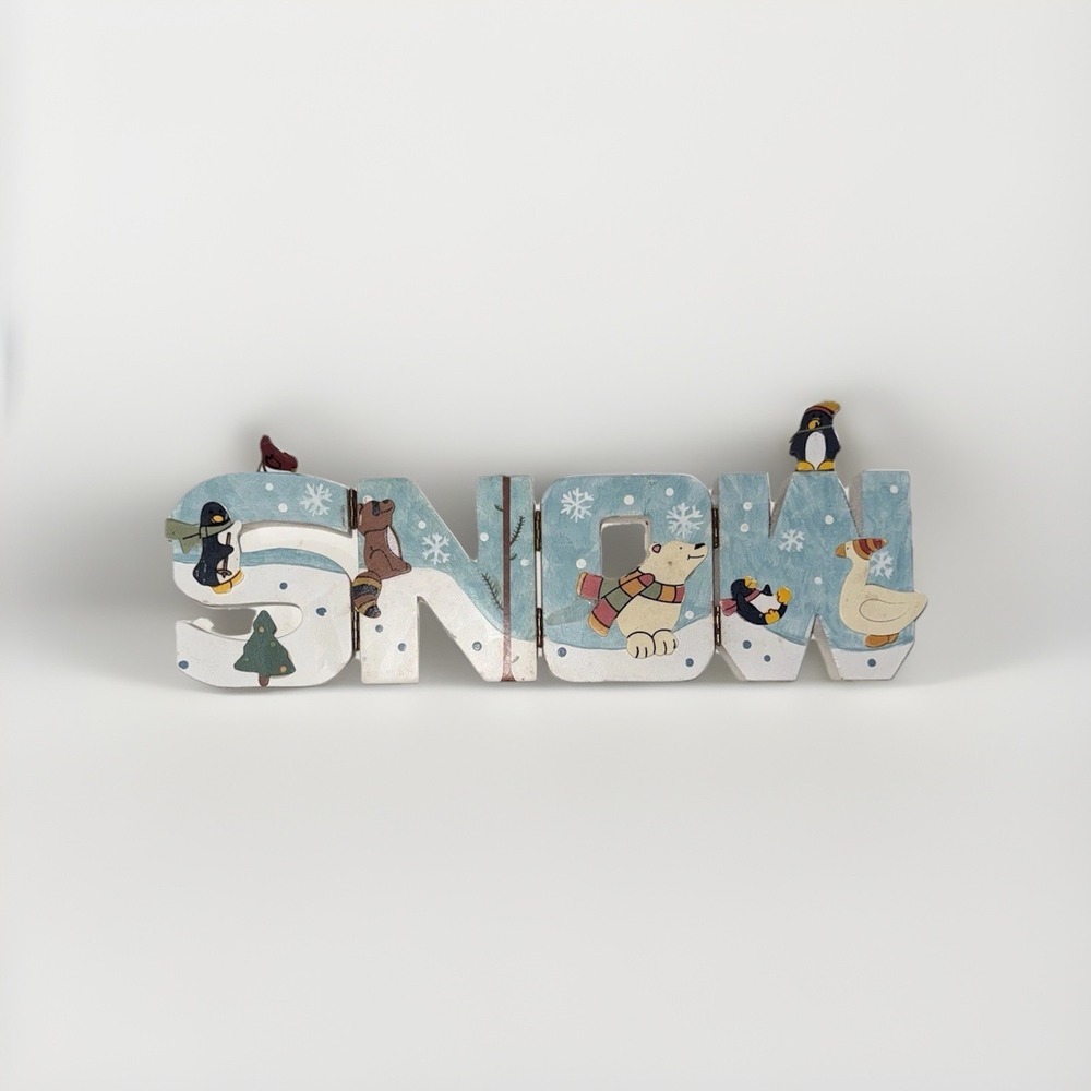 Vintage Winter SNOW Hinged Wooden Block Sign Polar Bear Penguin Decor